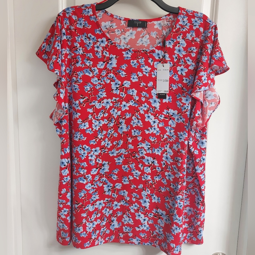 NWT Tahari Red and Blue Floral Blouse